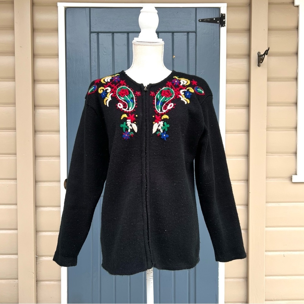 Tally Ho Vintage Wool Embroidered Black Women's Sweater Size Large